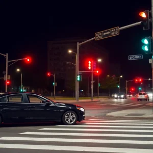 Nighttime intersection in Huntington Beach with a parked black car