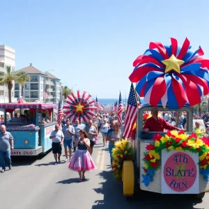 Crowd enjoying the Huntington Beach Fourth of July parade with colorful floats and marchers