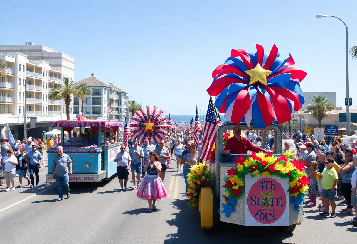 Crowd enjoying the Huntington Beach Fourth of July parade with colorful floats and marchers