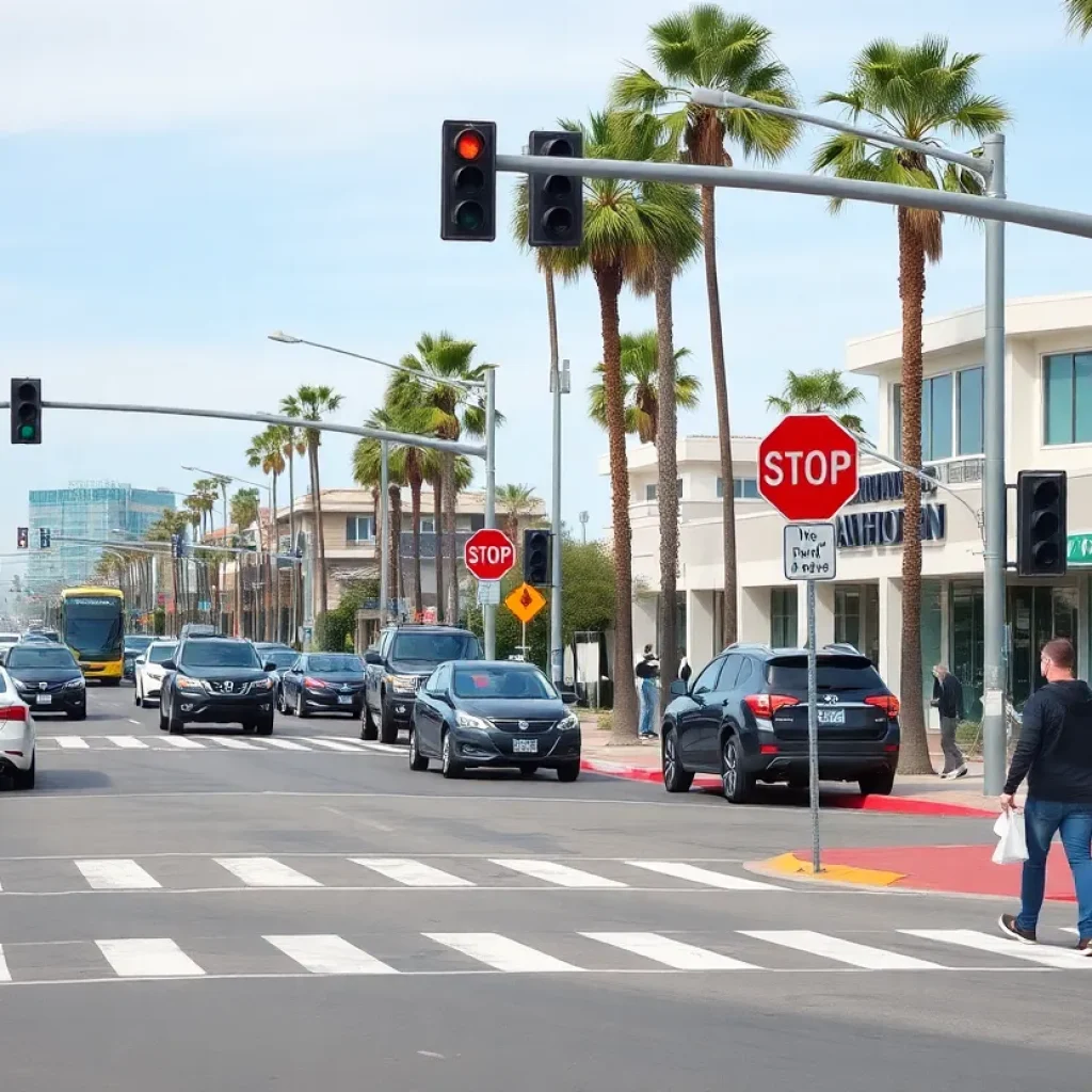 Traffic scene in Huntington Beach emphasizing pedestrian safety