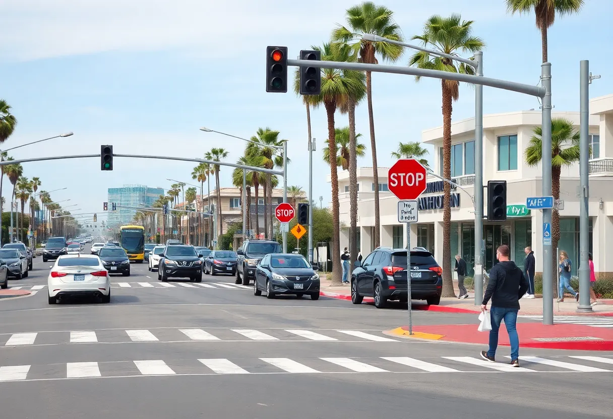 Traffic scene in Huntington Beach emphasizing pedestrian safety