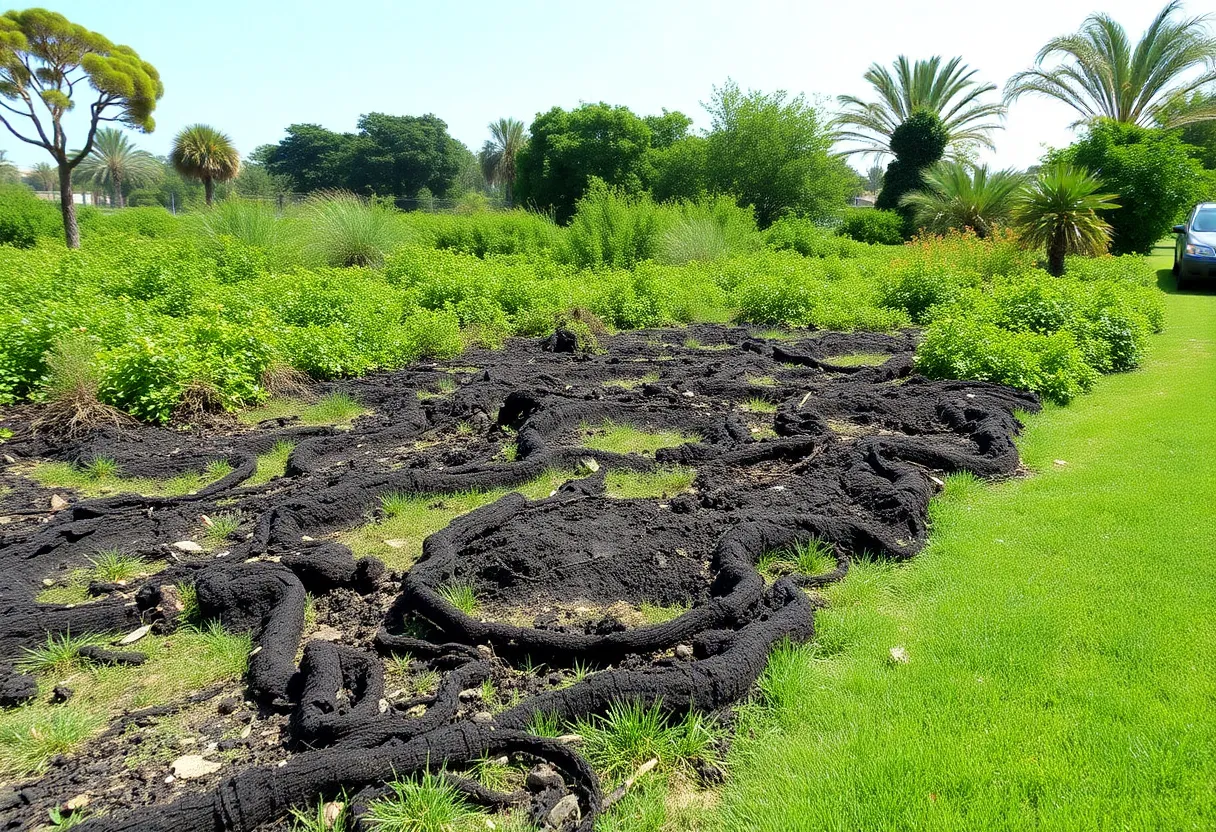 Burnt vegetation in Huntington Beach park post-fire