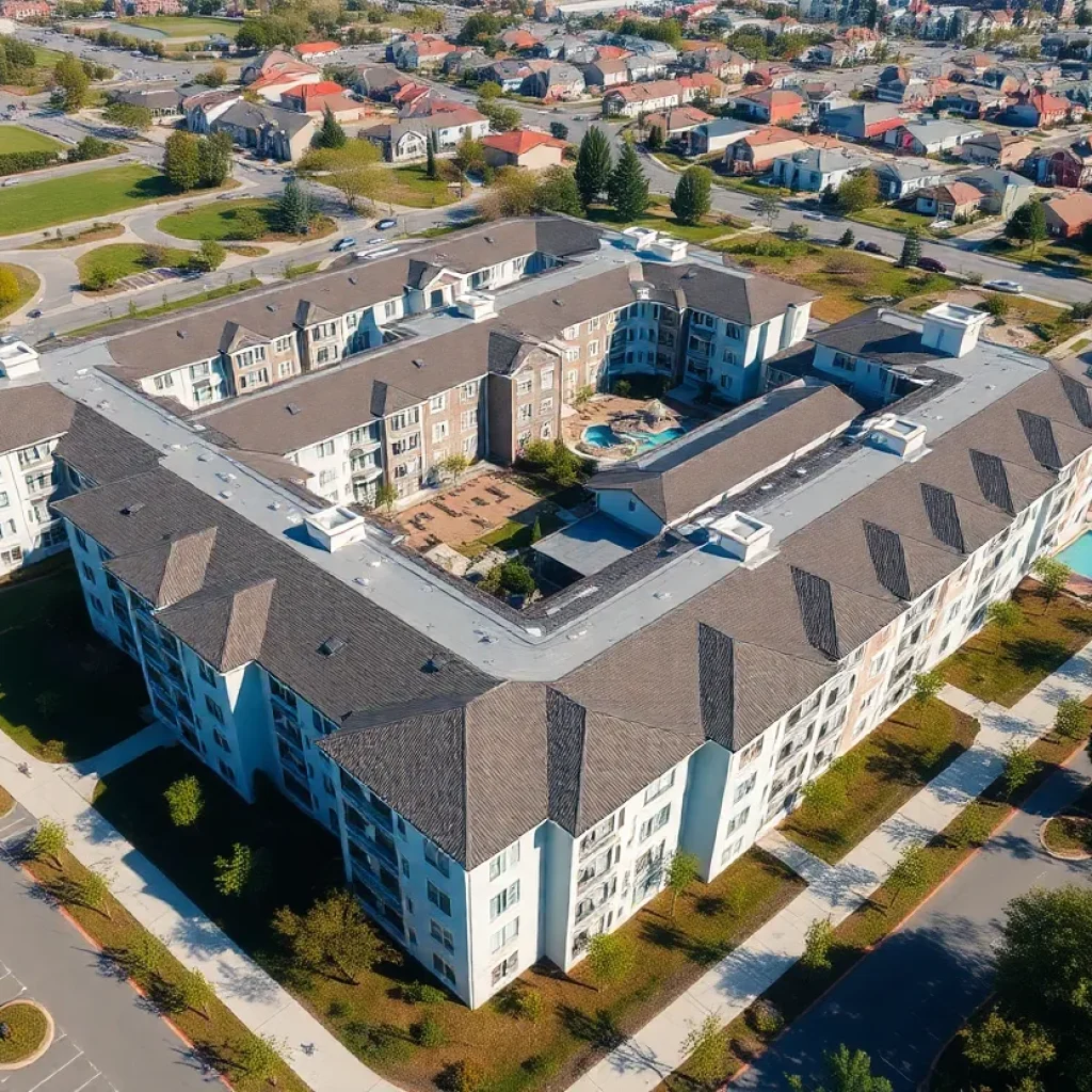 Aerial view of Huntington Breeze senior living complex in Huntington Beach
