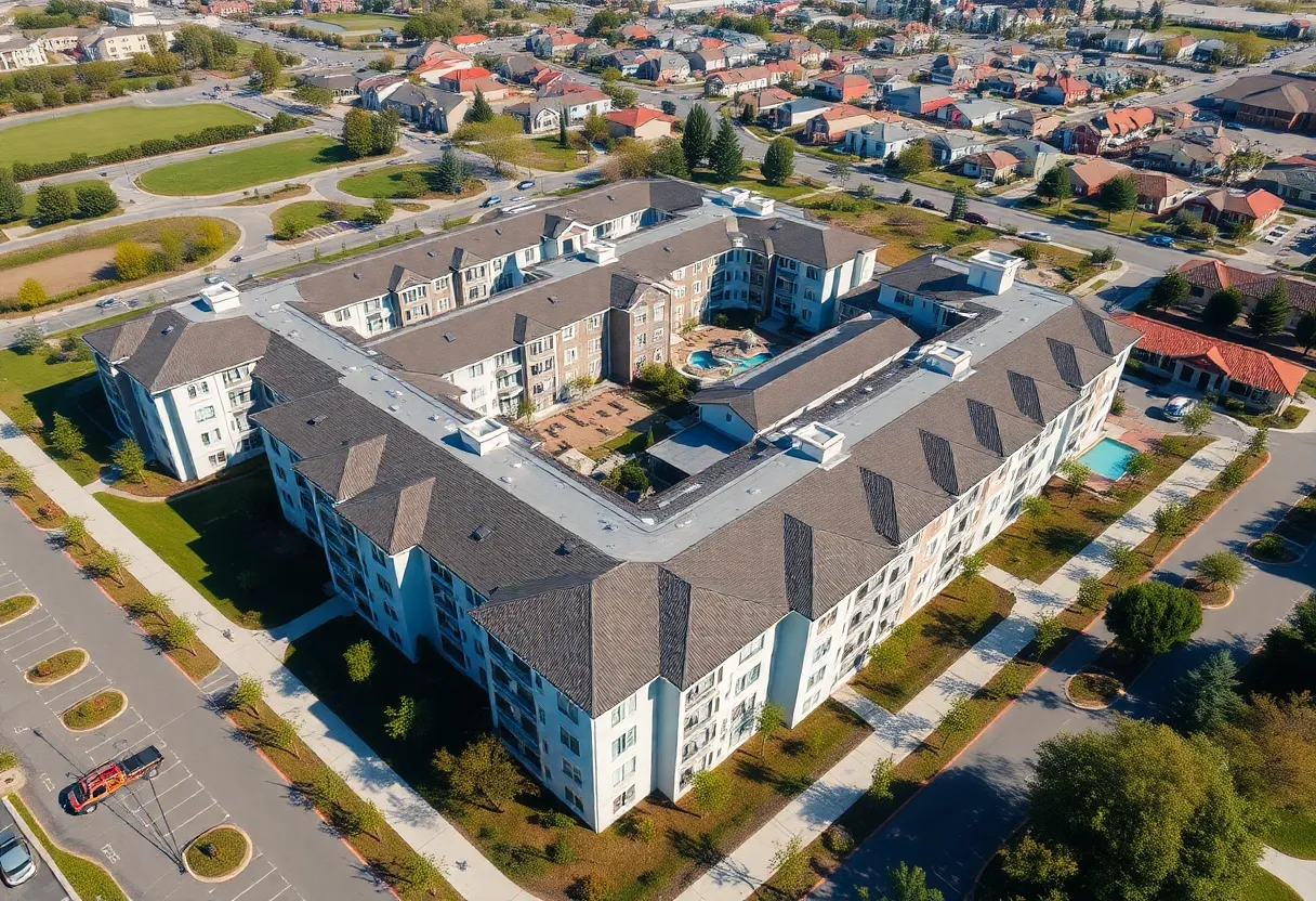 Aerial view of Huntington Breeze senior living complex in Huntington Beach