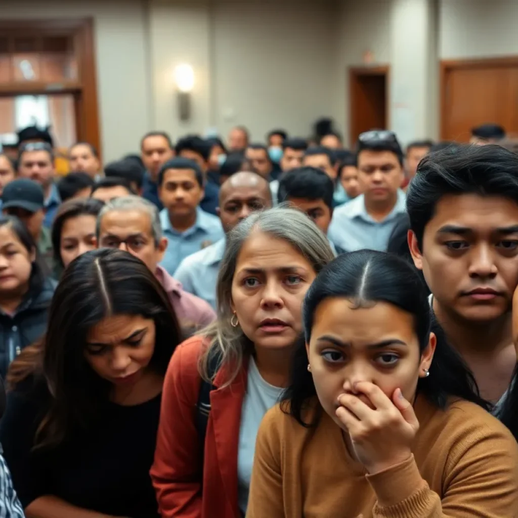 Diverse individuals in a courthouse showing signs of anxiety and distress over immigration proceedings.