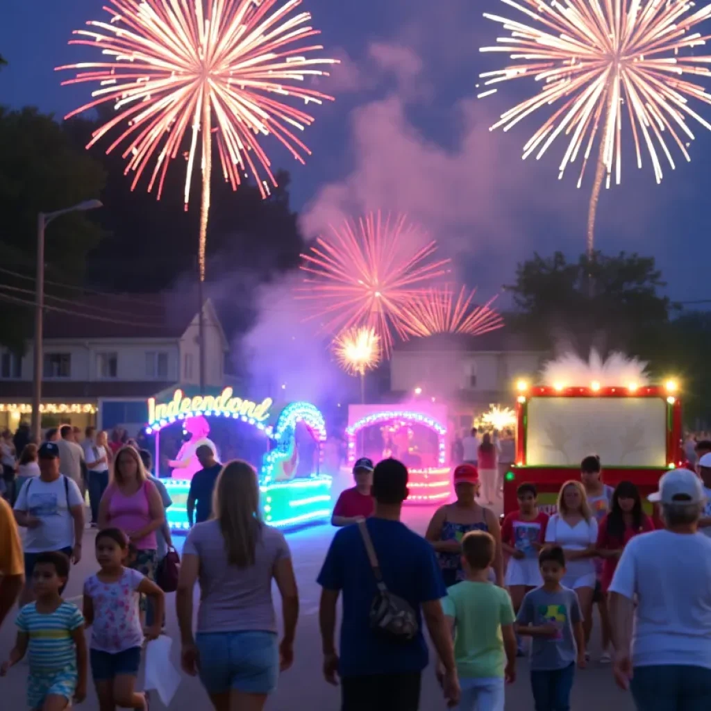 Fireworks over a parade during Independence Day celebrations in Orange County.