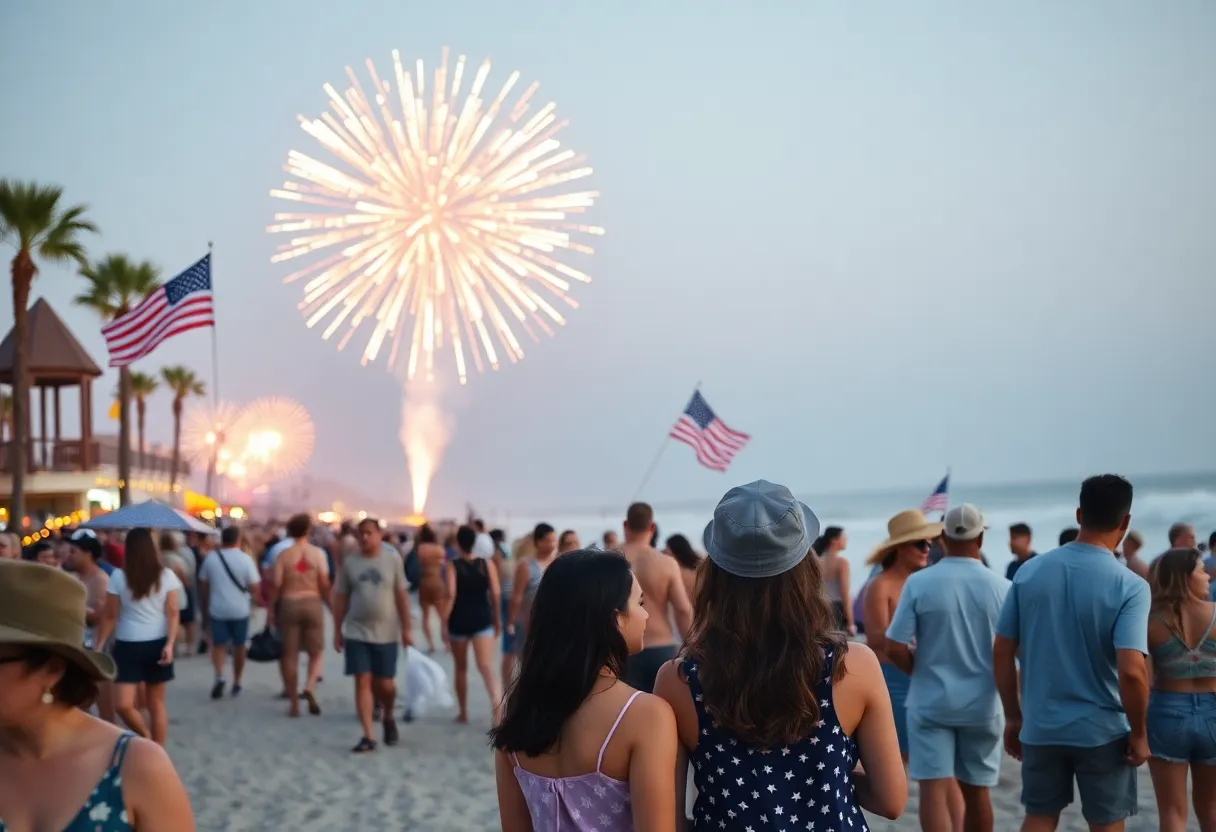 Fireworks over a beach celebration in Orange County