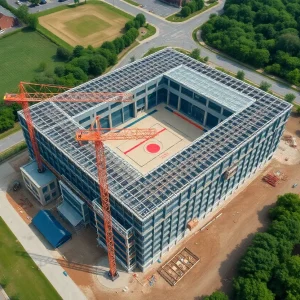 Construction site of the Irvine Fieldhouse civic gym with cranes.