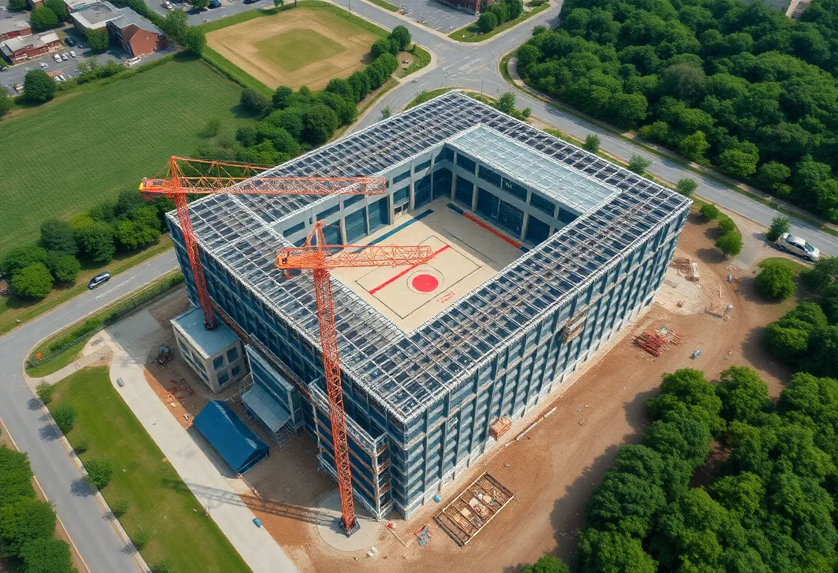 Construction site of the Irvine Fieldhouse civic gym with cranes.
