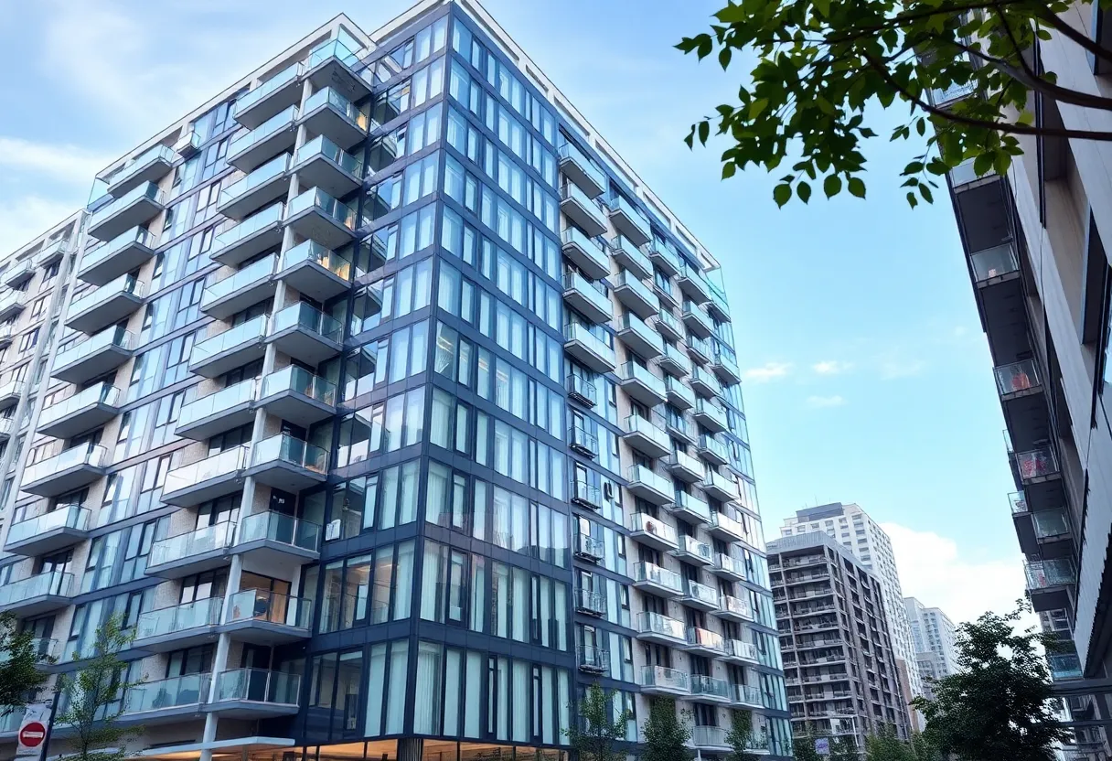 Illustration of an office building converted into residential units
