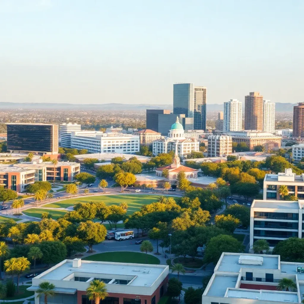 Skyline view of Irvine, California with green parks