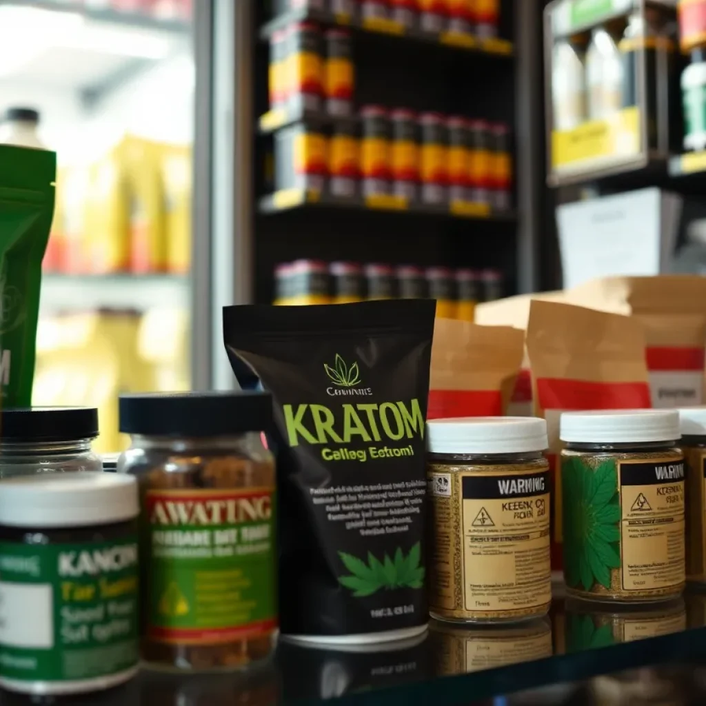 Kratom products displayed on shelves in a smoke shop.