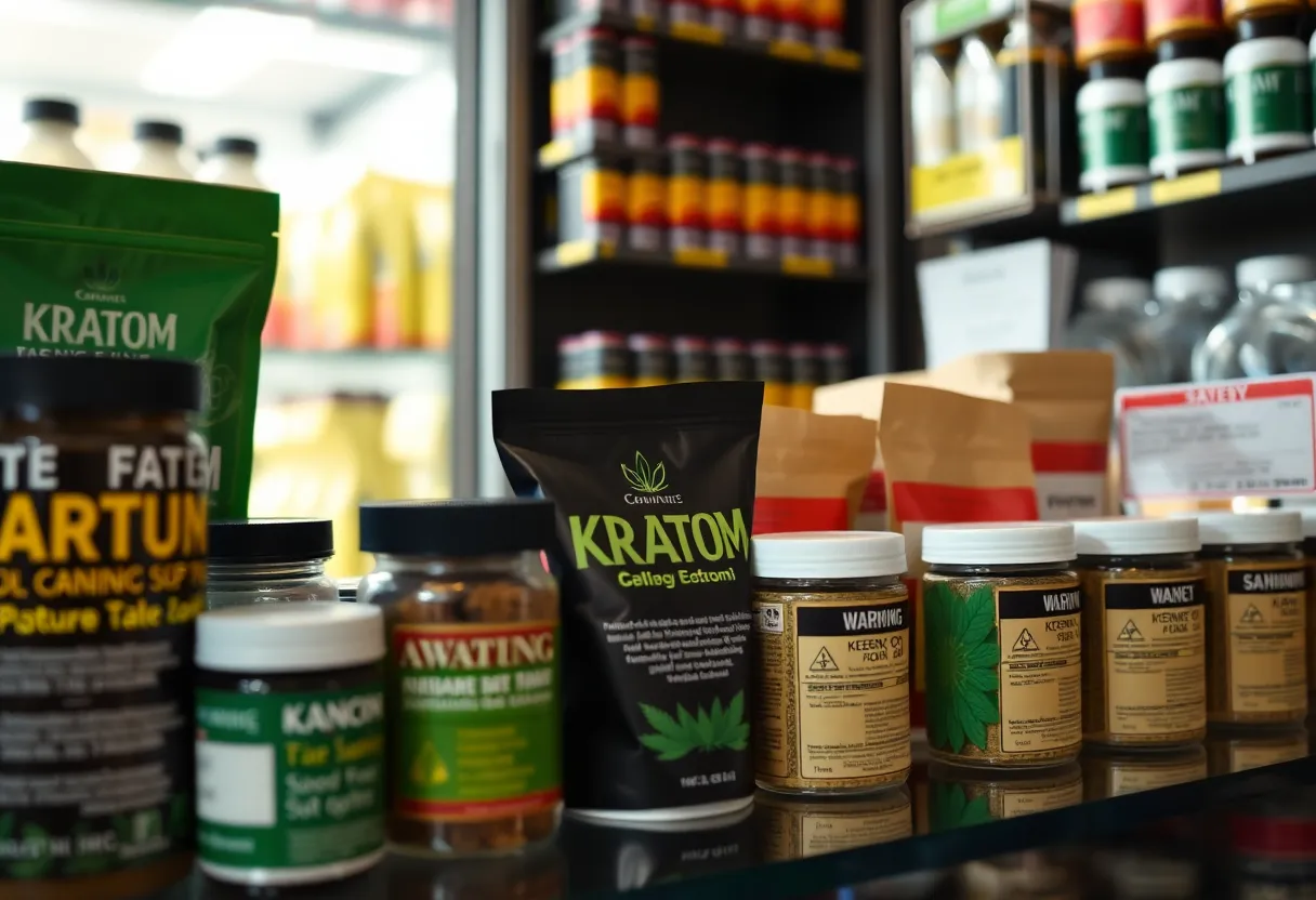 Kratom products displayed on shelves in a smoke shop.