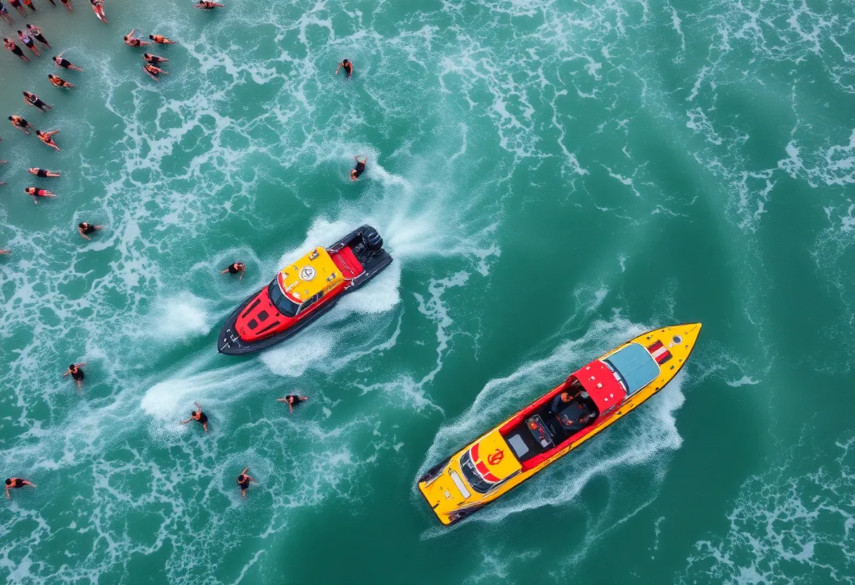 Lifeguards rescuing swimmers in Newport Beach's turbulent waters
