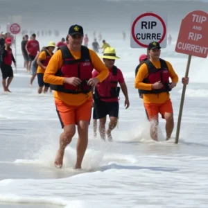 Lifeguards conducting rescues at Newport Beach during Fourth of July
