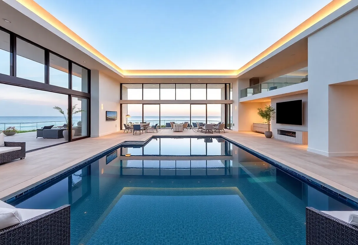 Newly constructed luxury home in Newport Beach with pool and garden.