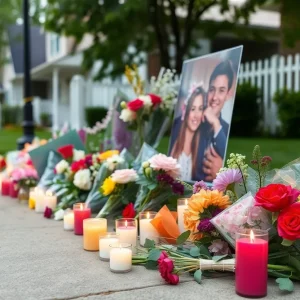 A memorial with flowers and candles for a young girl who died in a fireworks incident.