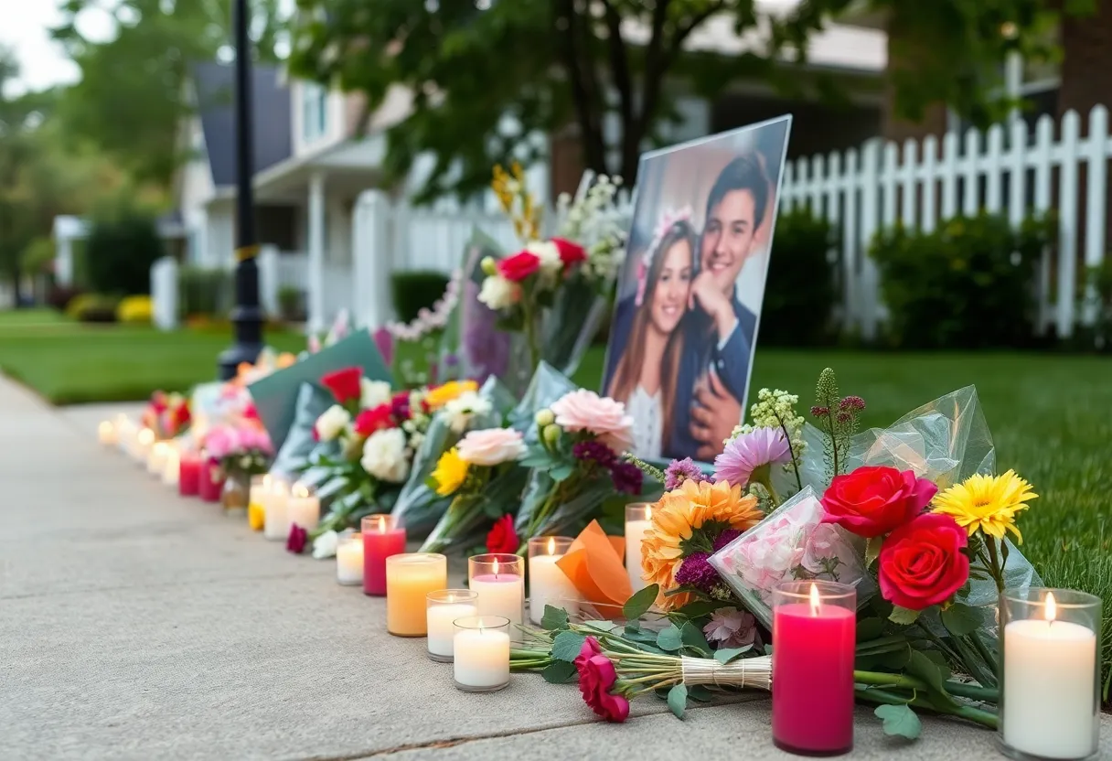 A memorial with flowers and candles for a young girl who died in a fireworks incident.
