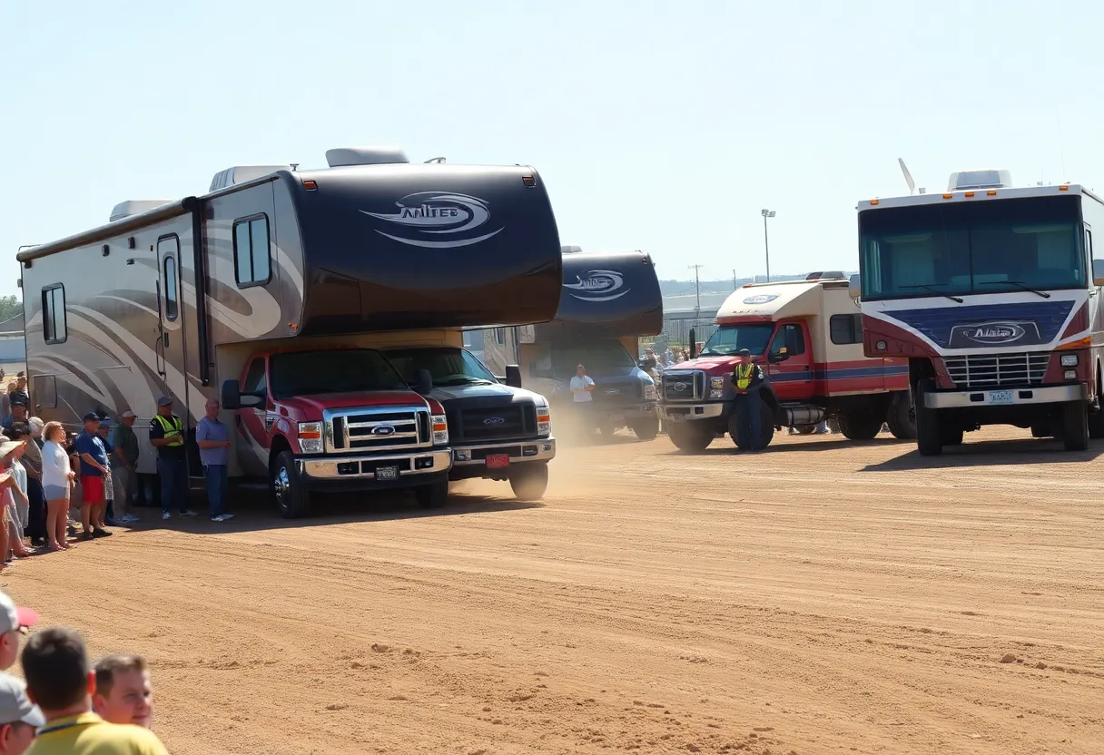 Motorhome demolition derby with first responders and cheering crowd