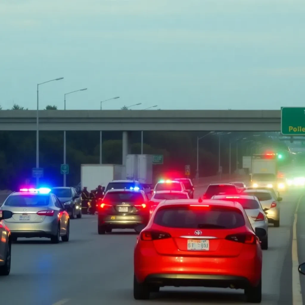 Emergency responders attending to a multi-vehicle accident on a freeway.