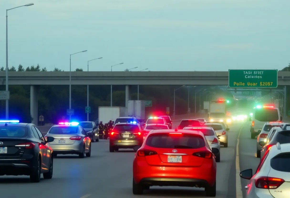 Emergency responders attending to a multi-vehicle accident on a freeway.