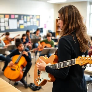 A group of students attending a music masterclass with a mentor