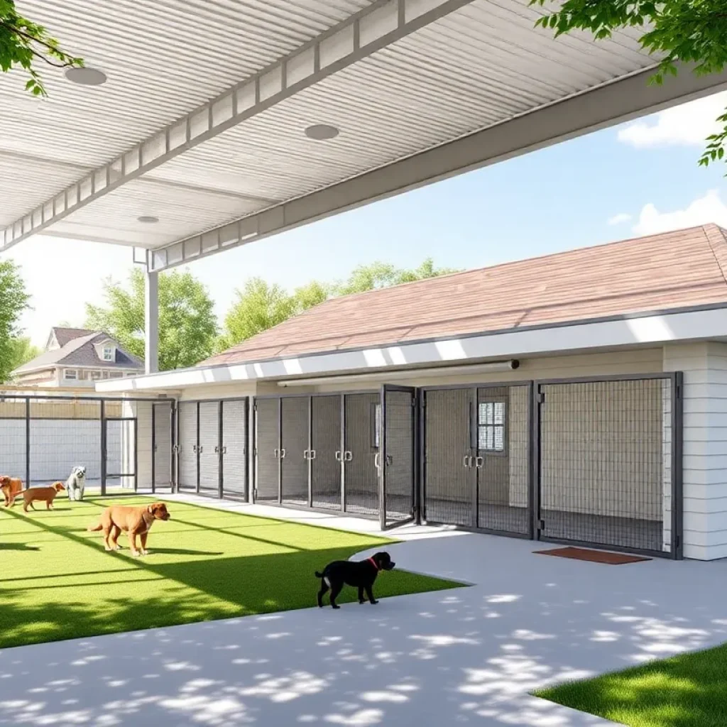 Architectural design of a new animal shelter in Costa Mesa with outdoor dog exercise area