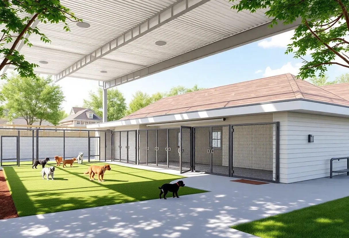 Architectural design of a new animal shelter in Costa Mesa with outdoor dog exercise area