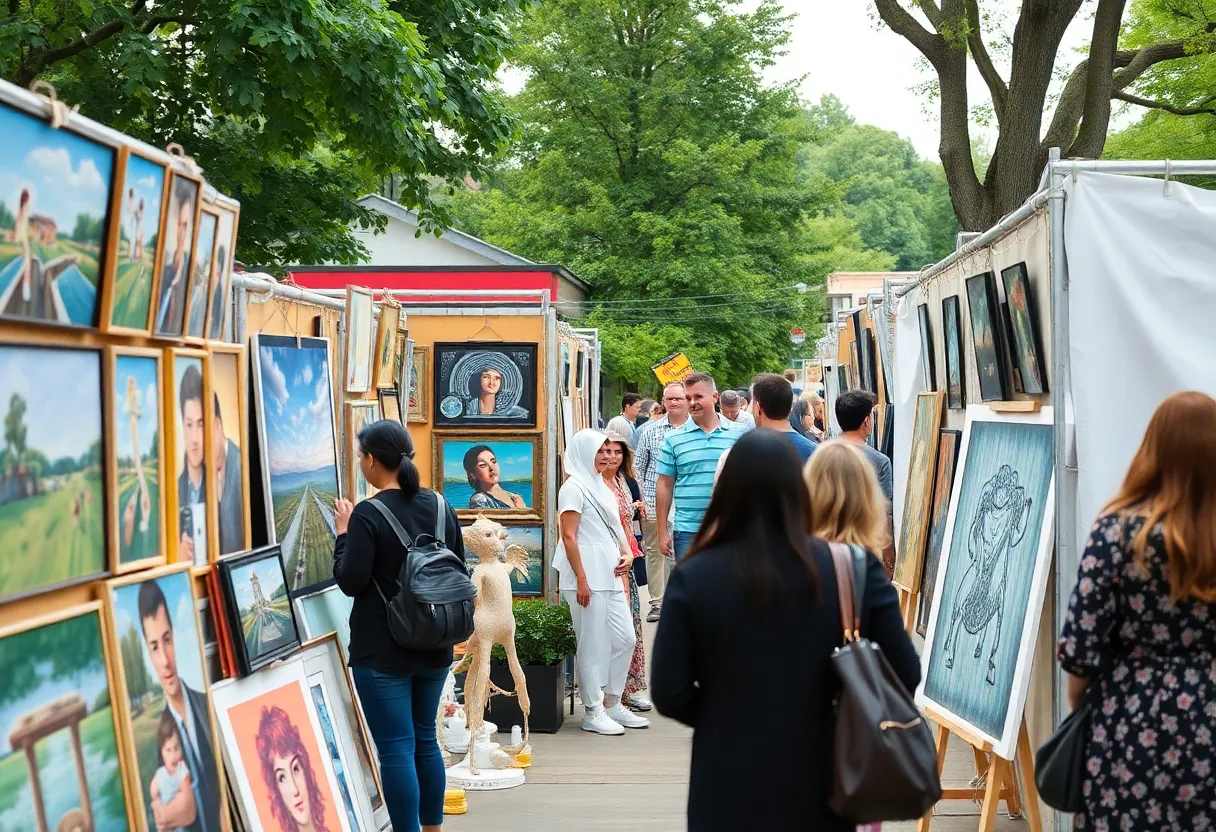 Art exhibition featuring diverse artworks and attendees at Newport Beach Civic Center.