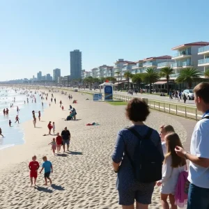 A sunny day at Newport Beach showcasing a safe community environment with families and lifeguards.