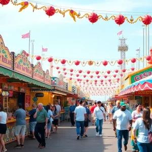 A lively scene at the OC Fair in Costa Mesa featuring food stalls and happy attendees.