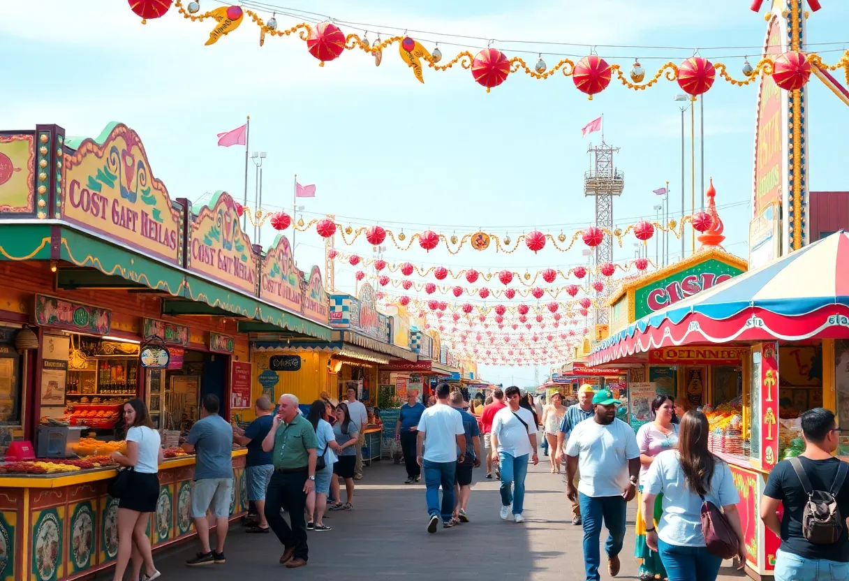 A lively scene at the OC Fair in Costa Mesa featuring food stalls and happy attendees.