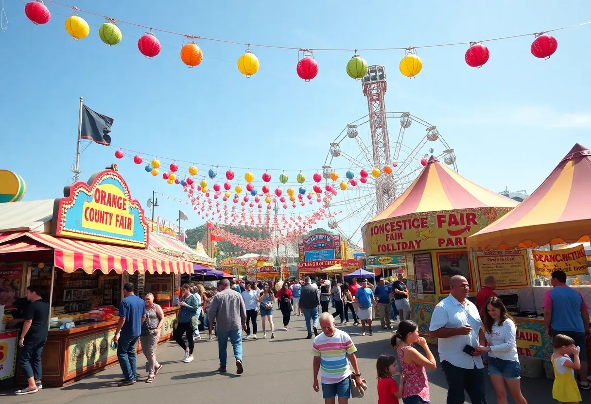 Families enjoying the attractions and food at the Orange County Fair.