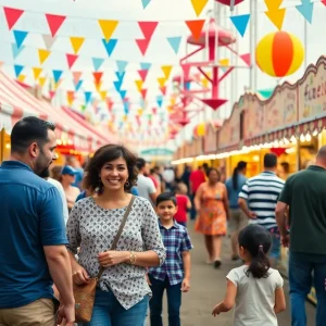 People enjoying the Orange County Fair with food stalls and festive decorations