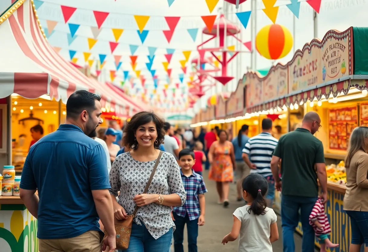 People enjoying the Orange County Fair with food stalls and festive decorations