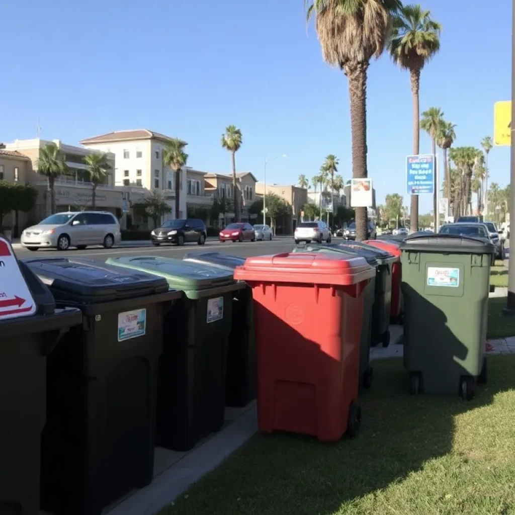 Cityscape of Orange County showing trash bins on curbs due to service delays.