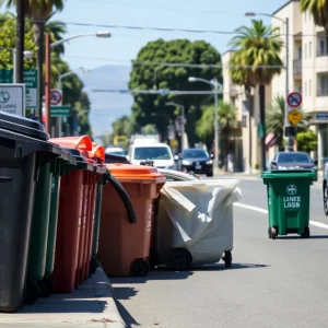 Overflowing trash bins on a street in Orange County due to delayed pickups