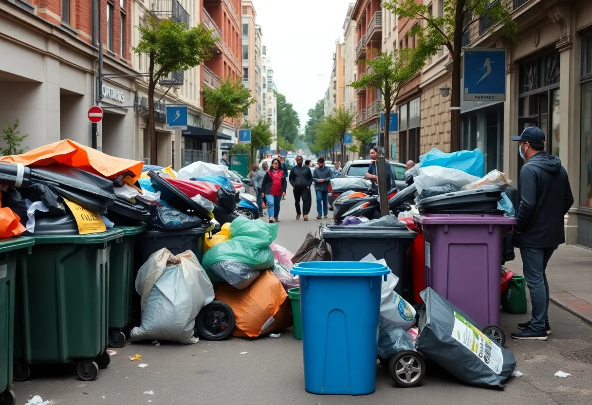 Overflowing trash bins on a street in Orange County due to delayed pickups