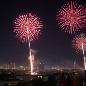 Colorful fireworks display in the Orange city skyline during Independence Day.