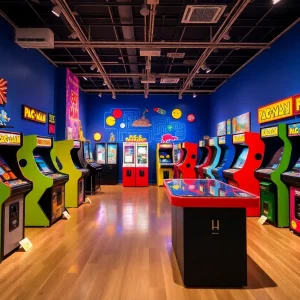 Exhibition featuring PAC-MAN arcade machines and memorabilia