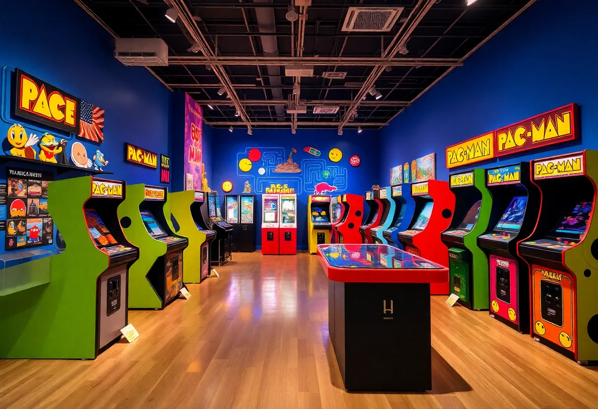 Exhibition featuring PAC-MAN arcade machines and memorabilia