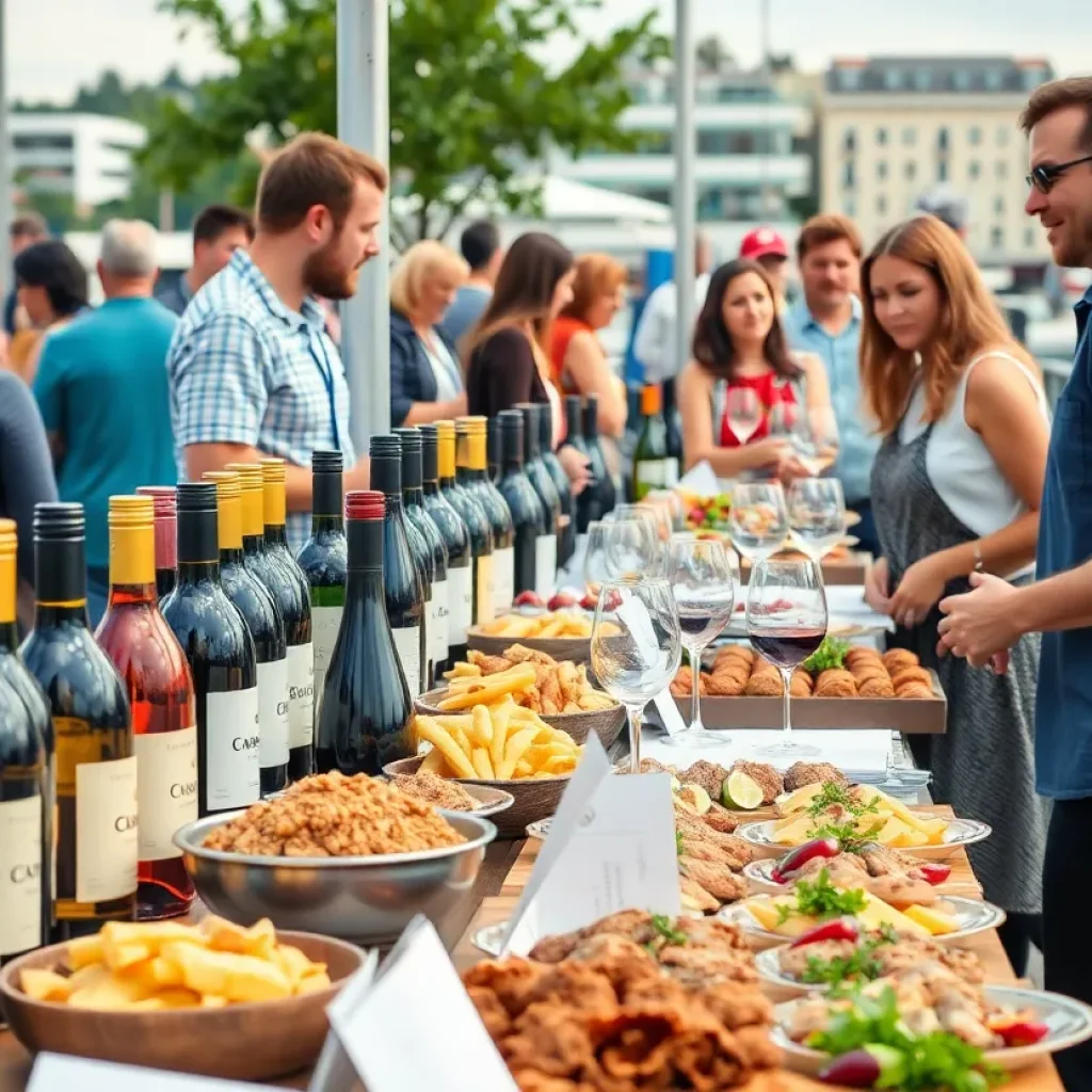 Attendees enjoying the Pacific Wine & Food Classic with wine and gourmet food