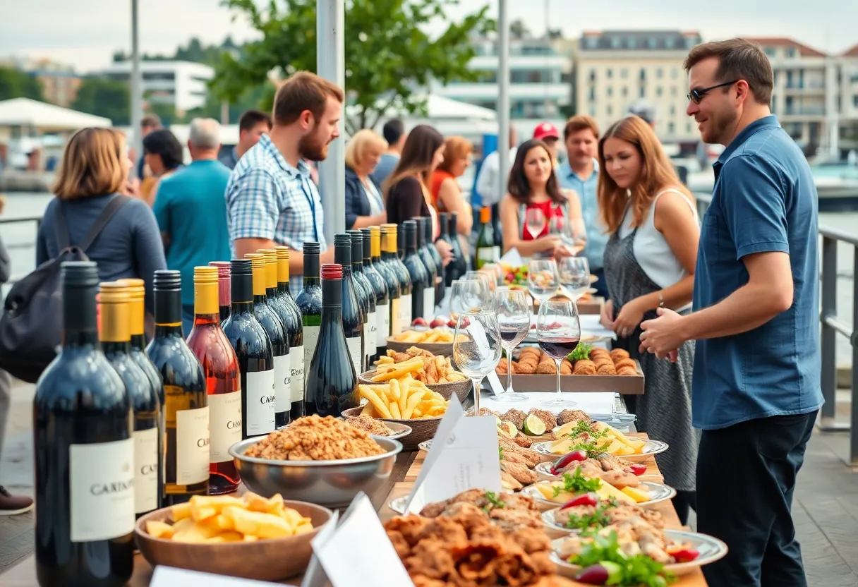 Attendees enjoying the Pacific Wine & Food Classic with wine and gourmet food