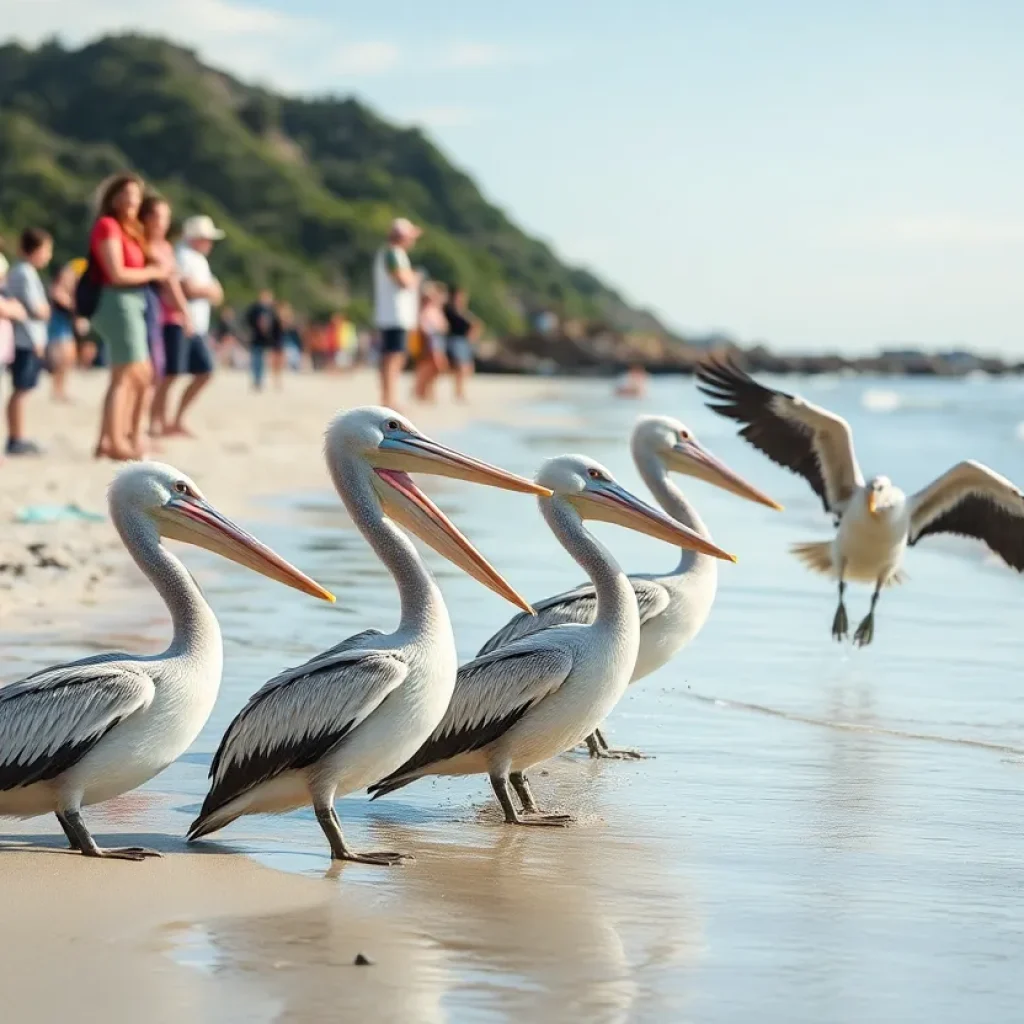 Brown pelicans taking flight at Huntington Beach after recovery from poisoning