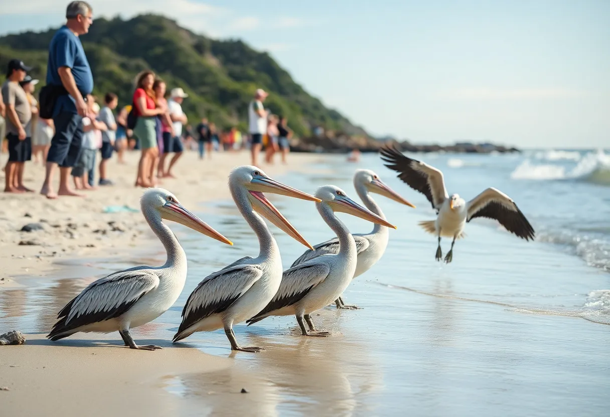 Brown pelicans taking flight at Huntington Beach after recovery from poisoning
