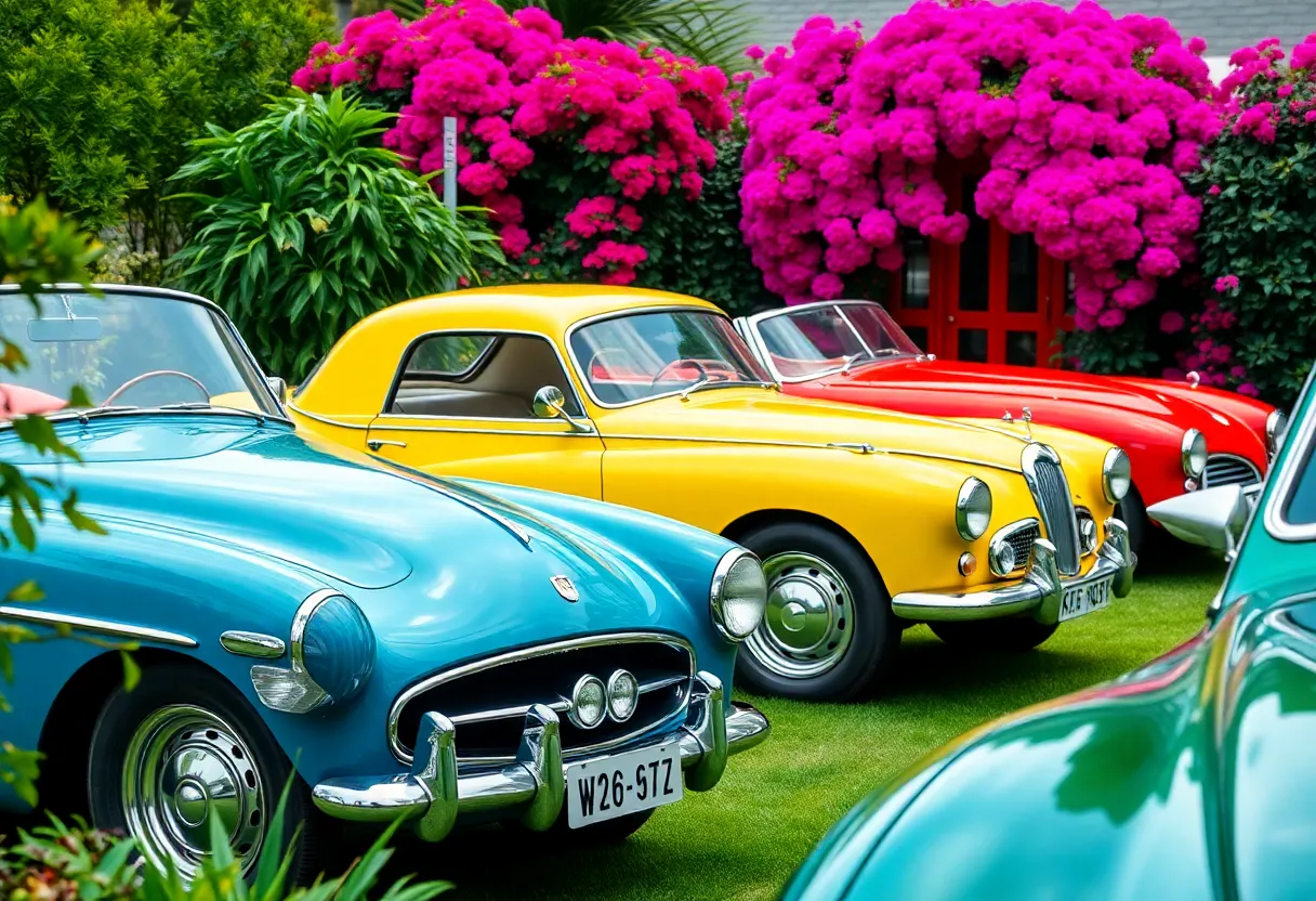Classic cars in Sherman Library & Gardens at the Petals & Pistons Car Show