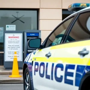 Police car near a bank ATM, warning signs for safety