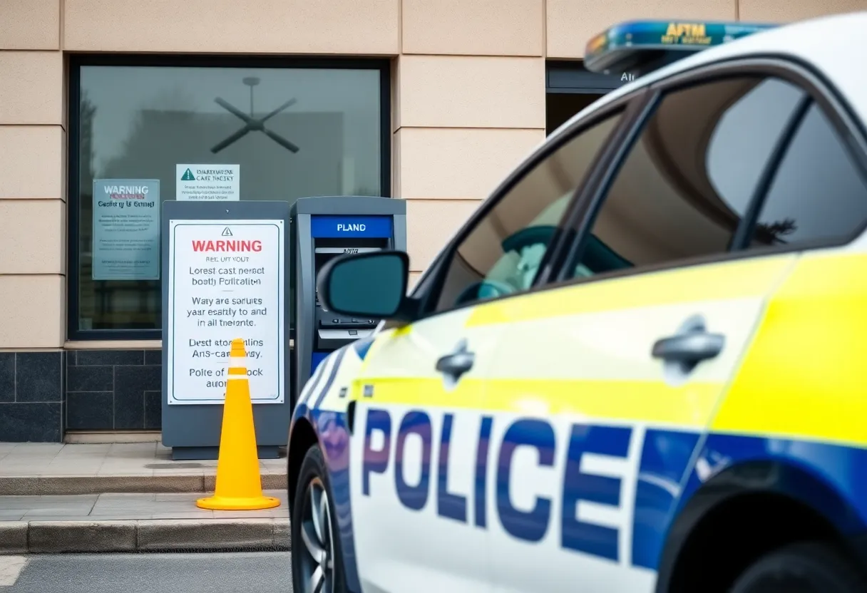 Police car near a bank ATM, warning signs for safety