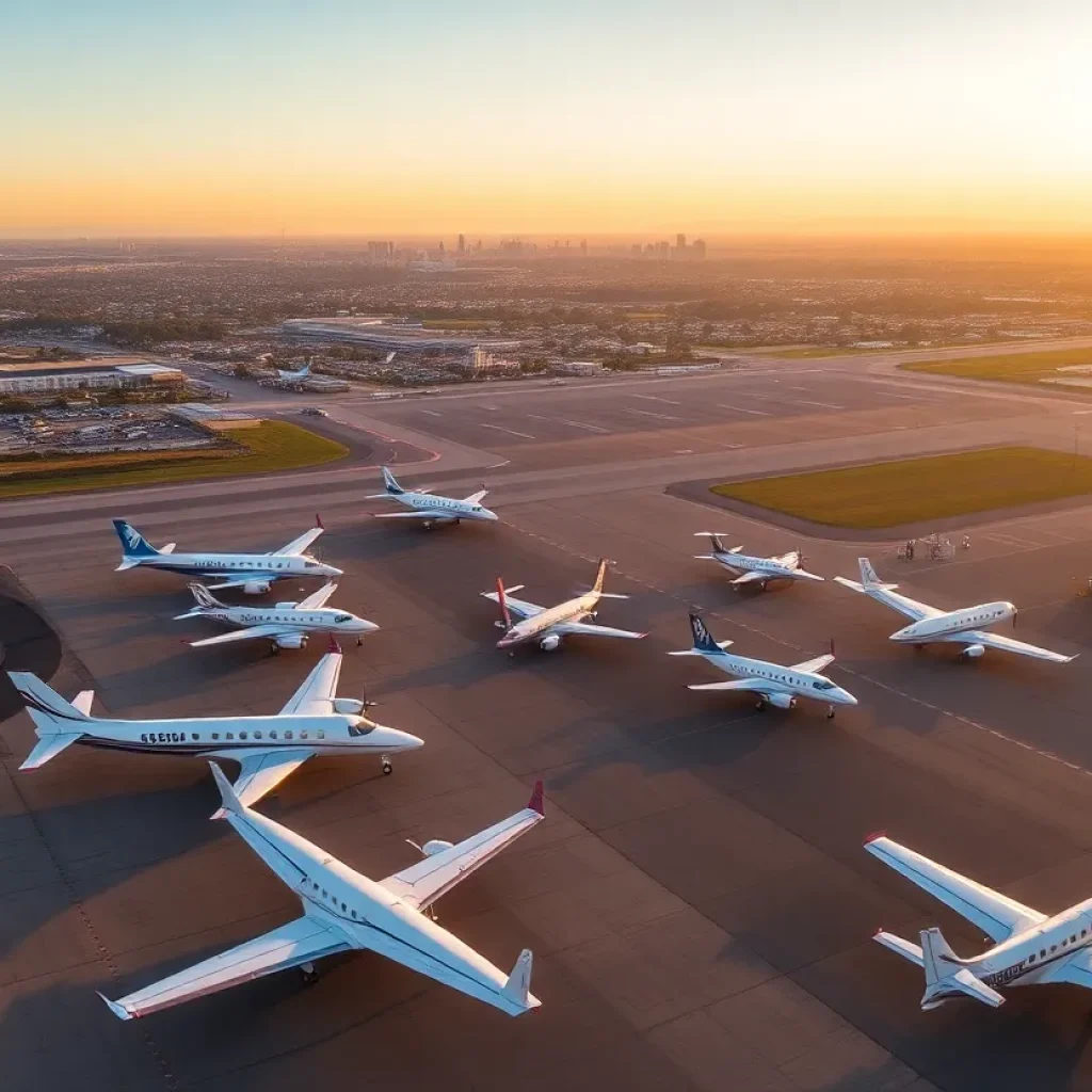 Aerial view of John Wayne Airport with parked private planes