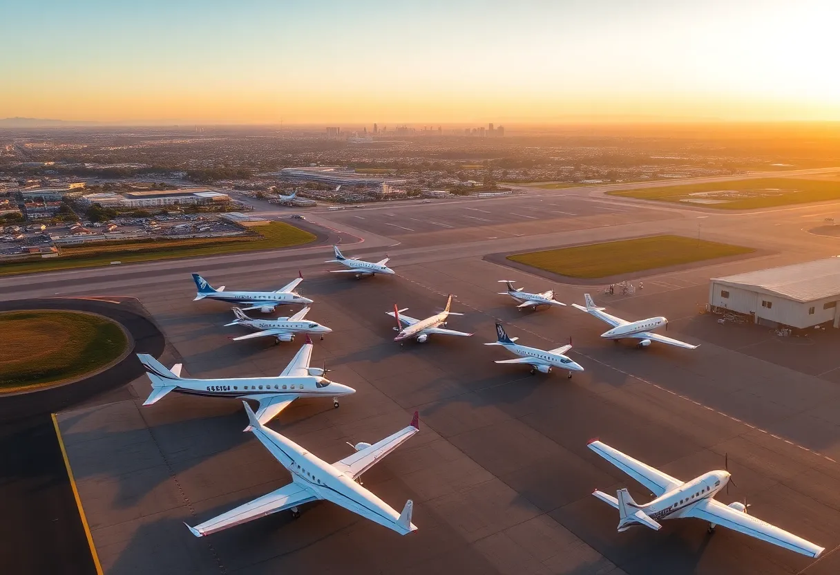 Aerial view of John Wayne Airport with parked private planes